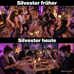 Zweigeteiltes Bild: oben feiern Freunde tanzend mit Sekt und Konfetti, unten sitzen dieselben Gäste am Tisch und starren auf ihre Handys, Text "Silvester früher" und "Silvester heute"