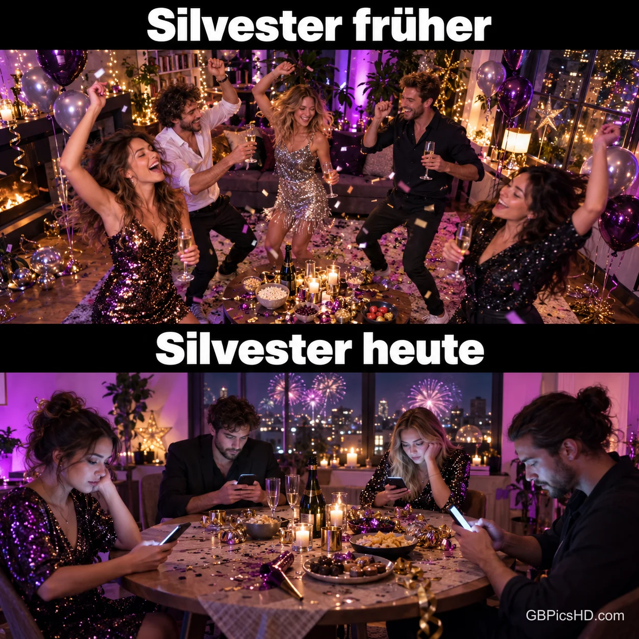 Zweigeteiltes Bild: oben feiern Freunde tanzend mit Sekt und Konfetti, unten sitzen dieselben Gäste am Tisch und starren auf ihre Handys, Text "Silvester früher" und "Silvester heute" Zweigeteiltes Bild: oben feiern Freunde tanzend mit Sekt und Konfetti, unten sitzen dieselben Gäste am Tisch und starren auf ihre Handys, Text "Silvester früher" und "Silvester heute"