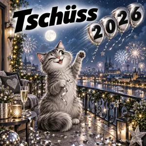 Zwinkernde graue Katze winkt auf einem Balkon mit Luftschlangen und Sekt, über ihr fliegen silberne Ballons mit 2026 vor Feuerwerk und nächtlicher Stadt, Text "Tschüss 2026"