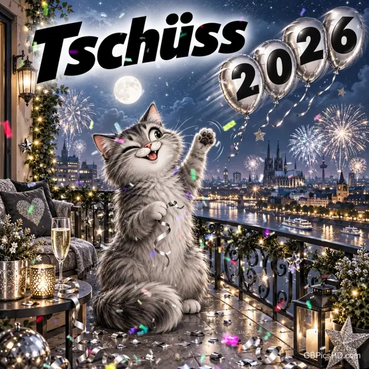 Zwinkernde graue Katze winkt auf einem Balkon mit Luftschlangen und Sekt, über ihr fliegen silberne Ballons mit 2026 vor Feuerwerk und nächtlicher Stadt, Text "Tschüss 2026" Zwinkernde graue Katze winkt auf einem Balkon mit Luftschlangen und Sekt, über ihr fliegen silberne Ballons mit 2026 vor Feuerwerk und nächtlicher Stadt, Text "Tschüss 2026"