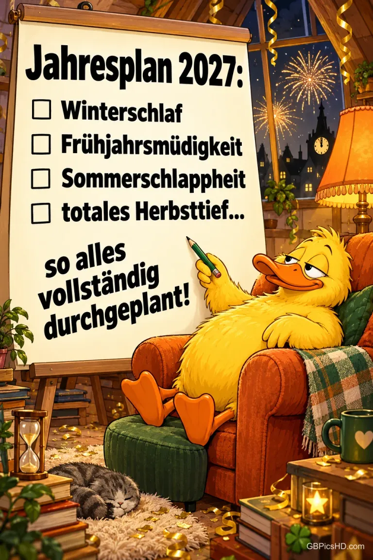 Gemütliche Cartoon-Ente im Sessel zeigt auf eine Tafel mit dem Jahresplan 2027: Winterschlaf, Frühjahrsmüdigkeit, Sommerschlappheit und totales Herbsttief, dazu Feuerwerk am Fenster