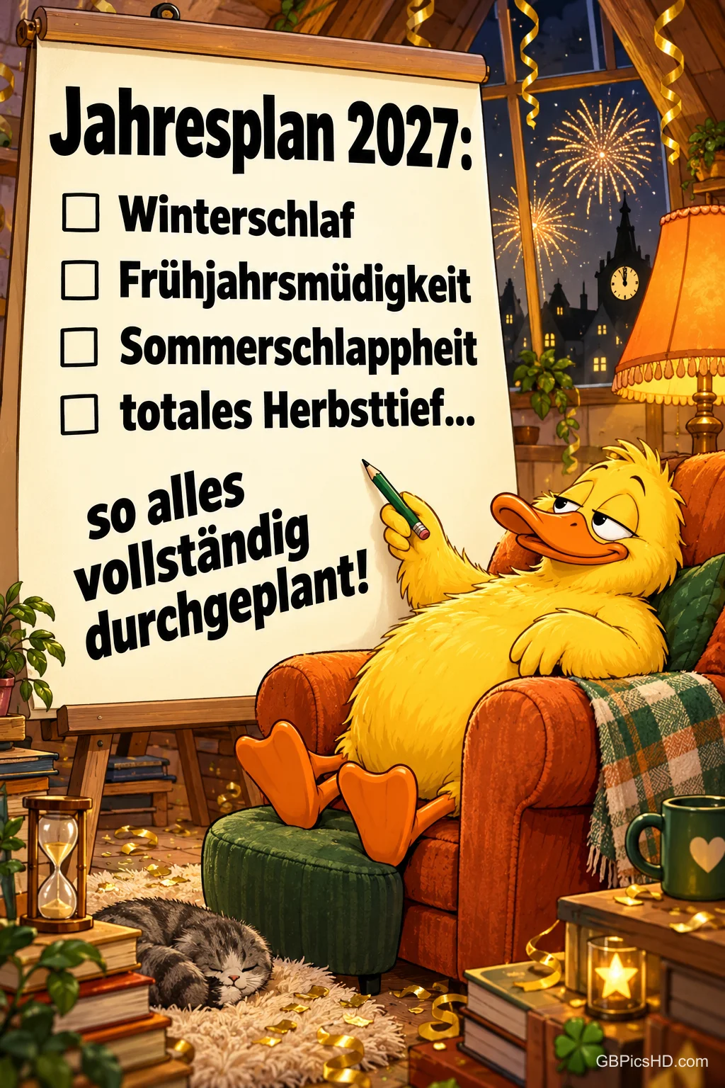 Gemütliche Cartoon-Ente im Sessel zeigt auf eine Tafel mit dem Jahresplan 2027: Winterschlaf, Frühjahrsmüdigkeit, Sommerschlappheit und totales Herbsttief, dazu Feuerwerk am Fenster Gemütliche Cartoon-Ente im Sessel zeigt auf eine Tafel mit dem Jahresplan 2027: Winterschlaf, Frühjahrsmüdigkeit, Sommerschlappheit und totales Herbsttief, dazu Feuerwerk am Fenster