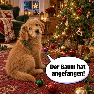 Ein goldbrauner Hund sitzt im festlichen Wohnzimmer neben dem Weihnachtsbaum, überall liegen Kugeln am Boden, in der Sprechblase steht "Der Baum hat angefangen!".