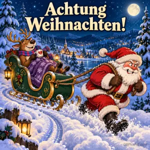 Der Weihnachtsmann zieht schwitzend den Schlitten durch den Schnee, während das Rentier mit Decke und Tasse gemütlich darin liegt, darüber "Achtung Weihnachten!".