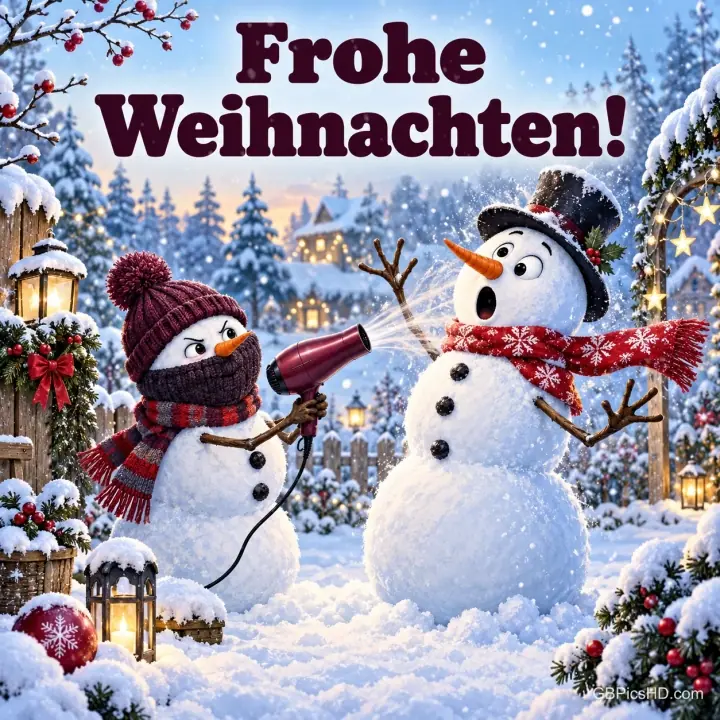 Ein vermummter Schneemann richtet einen Föhn auf einen erschrockenen Schneemann mit Zylinder im verschneiten Garten, oben steht "Frohe Weihnachten!".