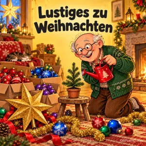 Ein älterer Herr gießt mit roter Gießkanne ein winziges Tannenbäumchen, umgeben von Kisten voller Christbaumkugeln, Lametta und einem großen Stern, darüber "Lustiges zu Weihnachten".