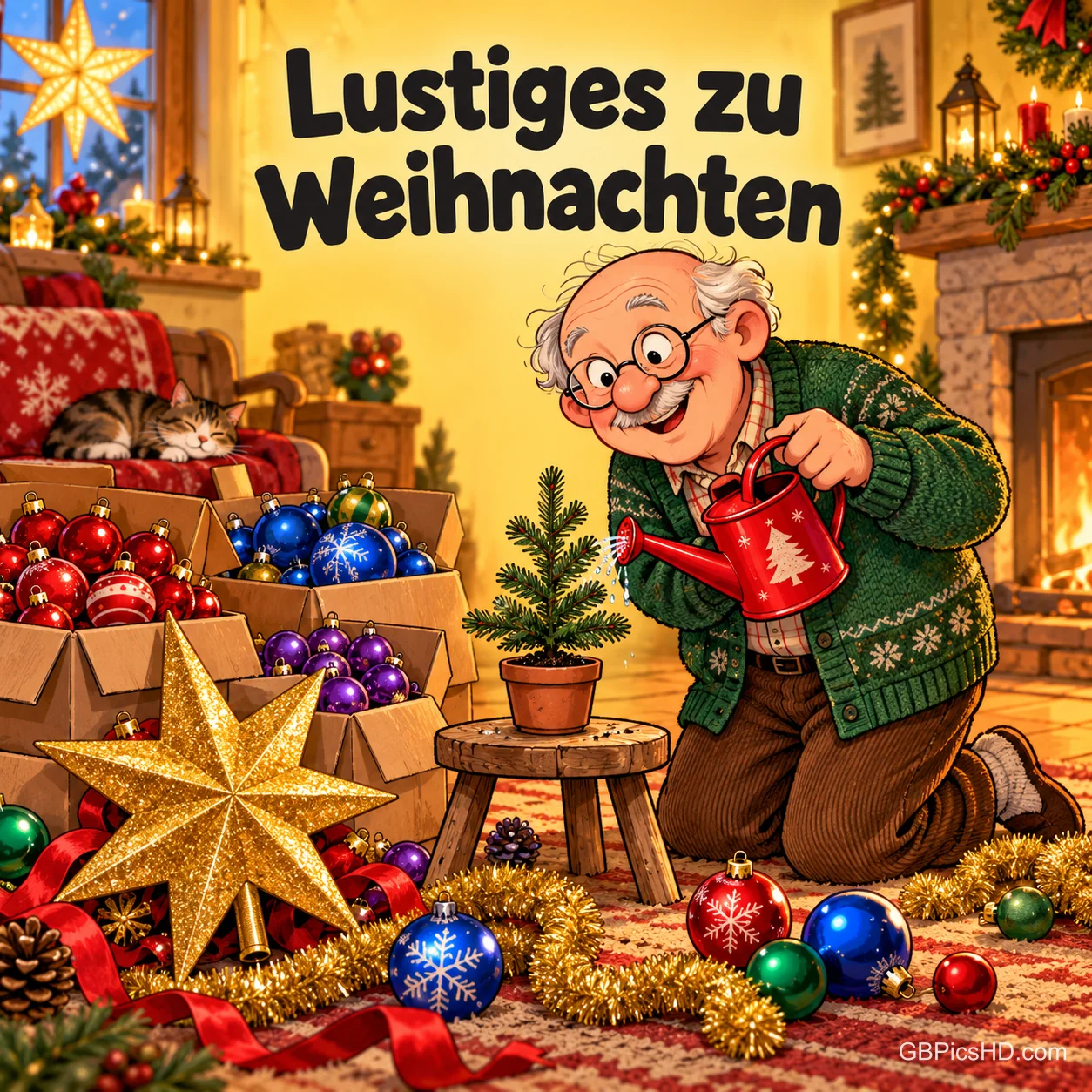 Ein älterer Herr gießt mit roter Gießkanne ein winziges Tannenbäumchen, umgeben von Kisten voller Christbaumkugeln, Lametta und einem großen Stern, darüber "Lustiges zu Weihnachten".
