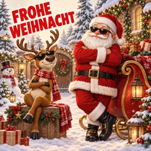 Ein Rentier und der Weihnachtsmann mit Sonnenbrillen posieren lässig mit verschränkten Armen vor Schlitten und verschneitem Haus, darüber in Rot "FROHE WEIHNACHT".