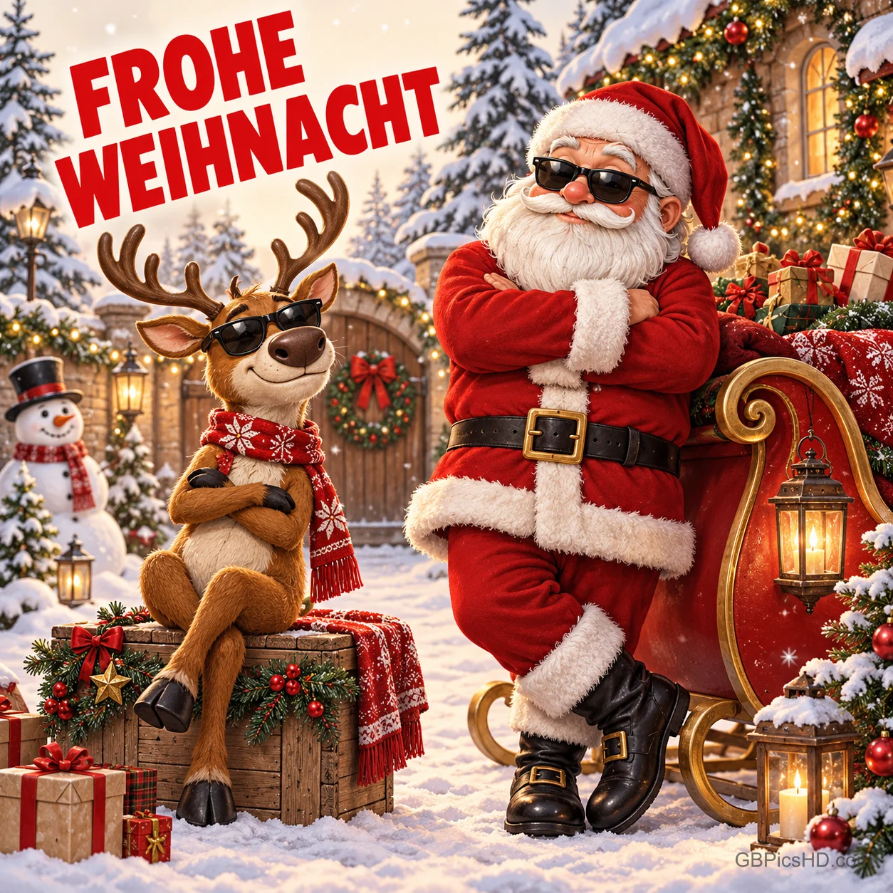 Ein Rentier und der Weihnachtsmann mit Sonnenbrillen posieren lässig mit verschränkten Armen vor Schlitten und verschneitem Haus, darüber in Rot "FROHE WEIHNACHT".