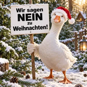 Eine weiße Gans mit Weihnachtsmütze hält im verschneiten Wald ein Protestschild mit der Aufschrift "Wir sagen NEIN zu Weihnachten!".