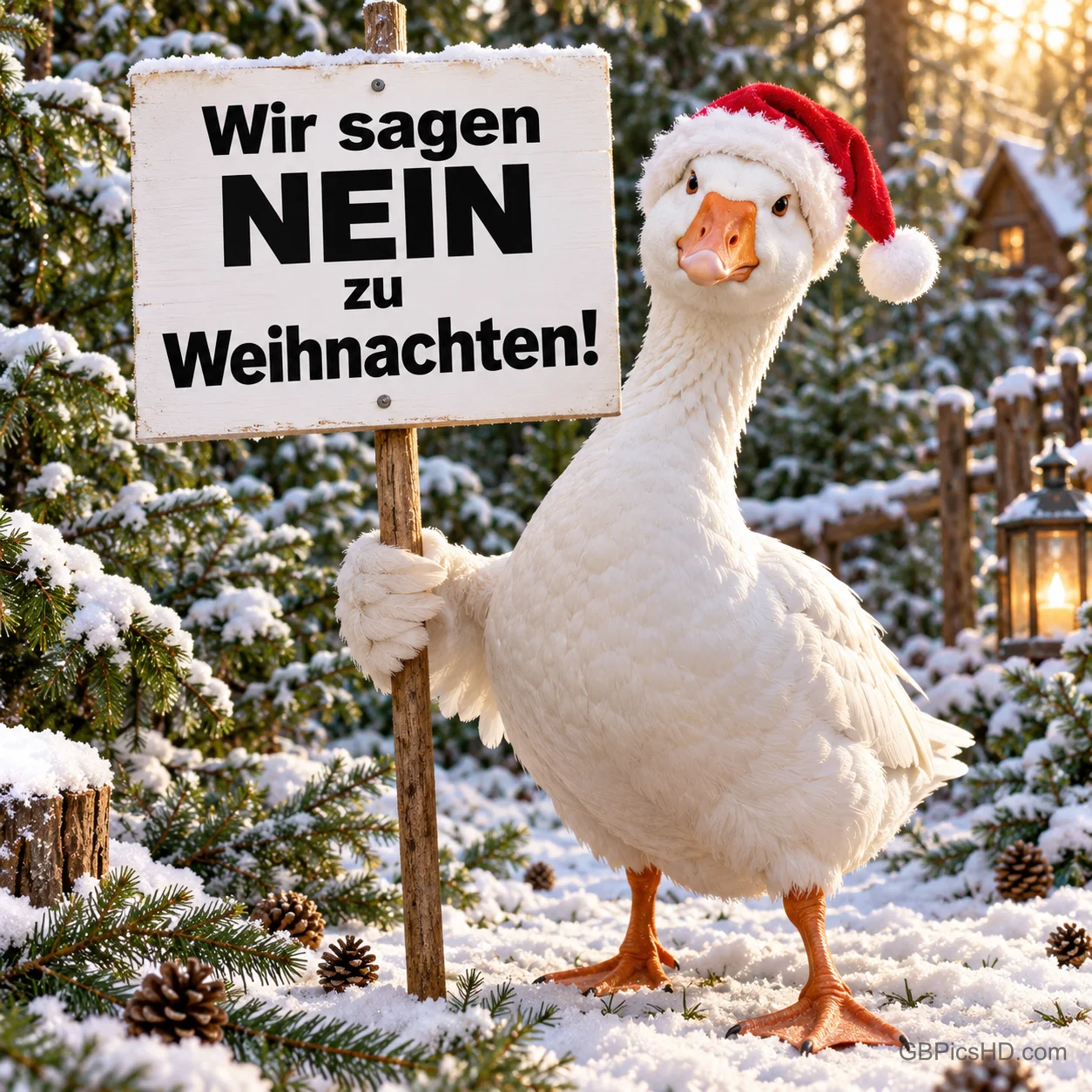 Eine weiße Gans mit Weihnachtsmütze hält im verschneiten Wald ein Protestschild mit der Aufschrift "Wir sagen NEIN zu Weihnachten!".
