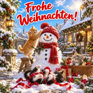 Drei Kätzchen spielen bei einem Schneemann mit roter Mütze unter dem Gruß "Frohe Weihnachten!".