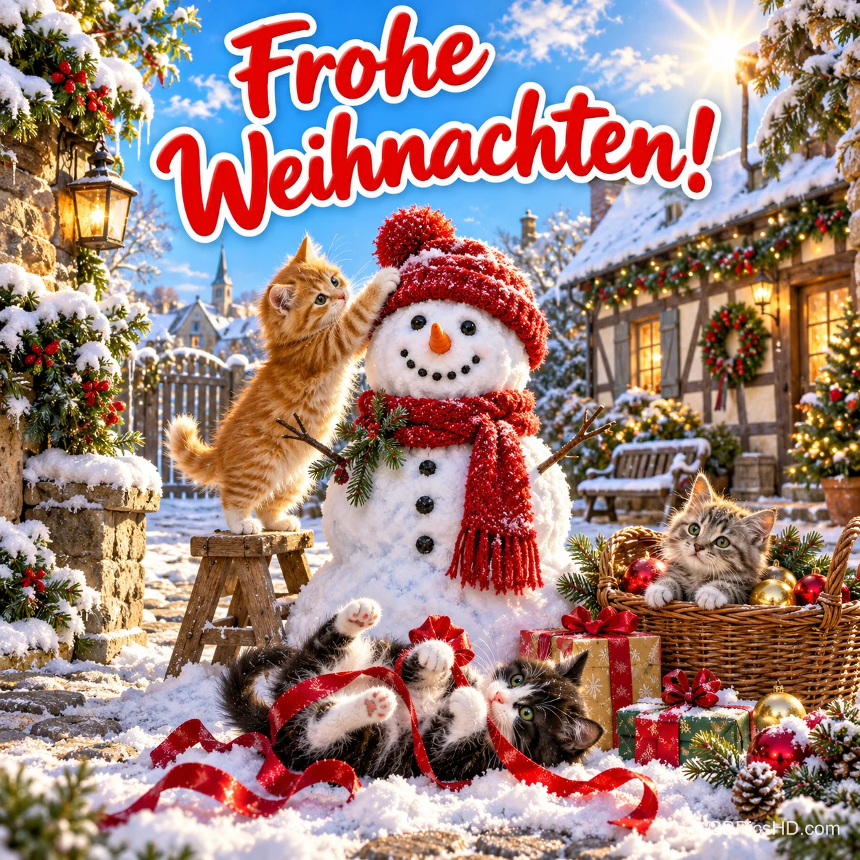 Drei Kätzchen spielen bei einem Schneemann mit roter Mütze unter dem Gruß "Frohe Weihnachten!".