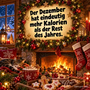 Gemütlicher Kamin mit Strümpfen, Plätzchen, Lebkuchen und heißer Schokolade, darüber im Lichterkranz der Spruch über die vielen Kalorien im Dezember.