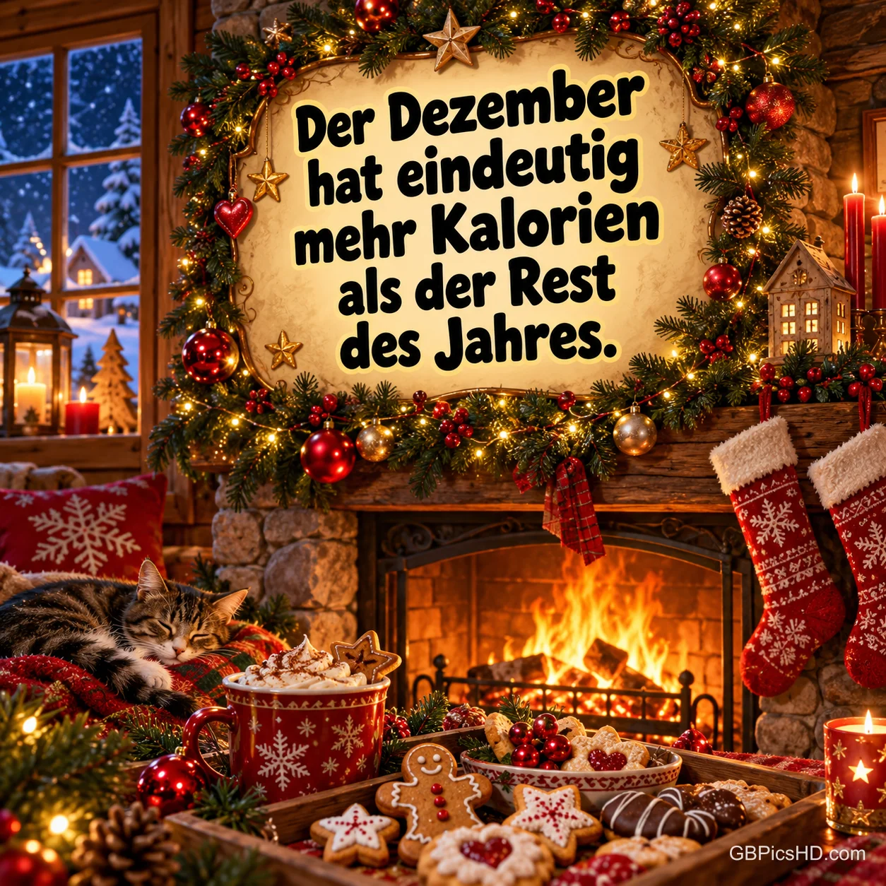 Gemütlicher Kamin mit Strümpfen, Plätzchen, Lebkuchen und heißer Schokolade, darüber im Lichterkranz der Spruch über die vielen Kalorien im Dezember.