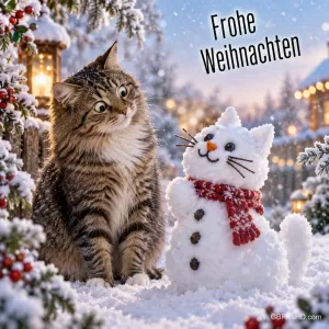 Eine getigerte Katze staunt im verschneiten Garten über einen Schneemann in Katzenform mit rotem Schal, daneben steht "Frohe Weihnachten".