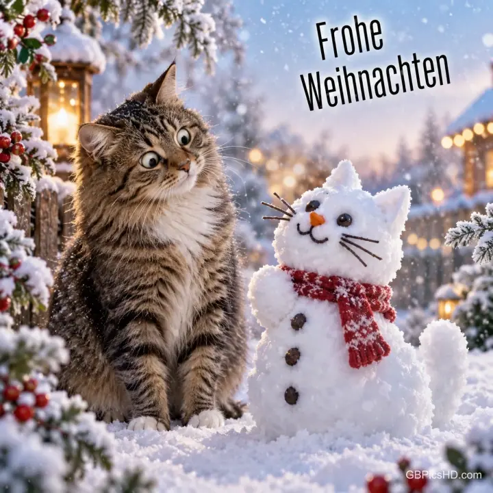 Eine getigerte Katze staunt im verschneiten Garten über einen Schneemann in Katzenform mit rotem Schal, daneben steht "Frohe Weihnachten".
