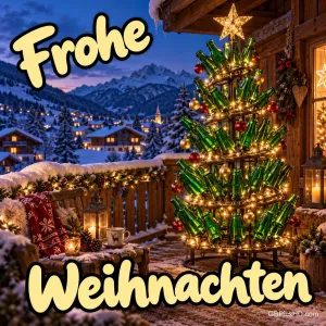 Ein Weihnachtsbaum aus grünen Bierflaschen mit Lichterkette, Kugeln und goldenem Stern auf einer verschneiten Hütten-Terrasse vor Bergdorf, Schriftzug "Frohe Weihnachten"