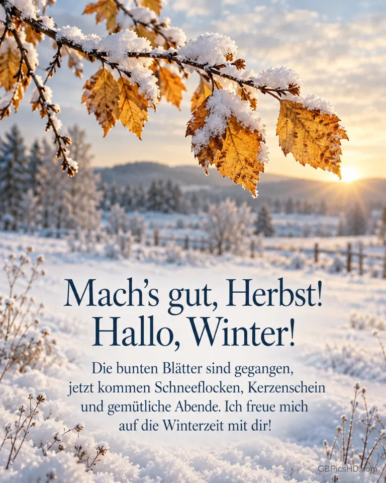 Goldene Herbstblätter an einem Zweig sind vom ersten Schnee bedeckt, dahinter eine verschneite Wiese im Morgenlicht, dazu "Mach's gut, Herbst! Hallo, Winter!".