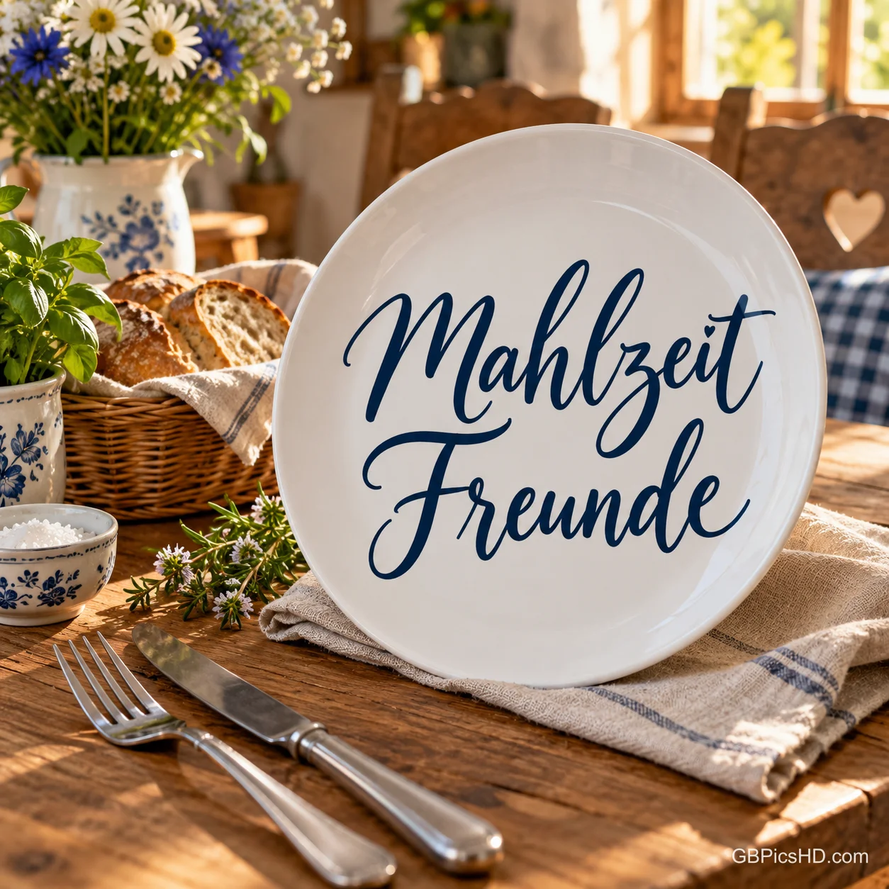Ein weißer Teller mit dem Schriftzug "Mahlzeit Freunde" steht auf einem rustikalen Holztisch neben Besteck, Brot und Blumen. Ein weißer Teller mit dem Schriftzug "Mahlzeit Freunde" steht auf einem rustikalen Holztisch neben Besteck, Brot und Blumen.
