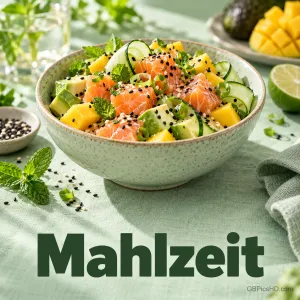 Eine Bowl mit Lachs, Avocado, Mango und Gurke, bestreut mit Sesam, darunter der Gruß "Mahlzeit".