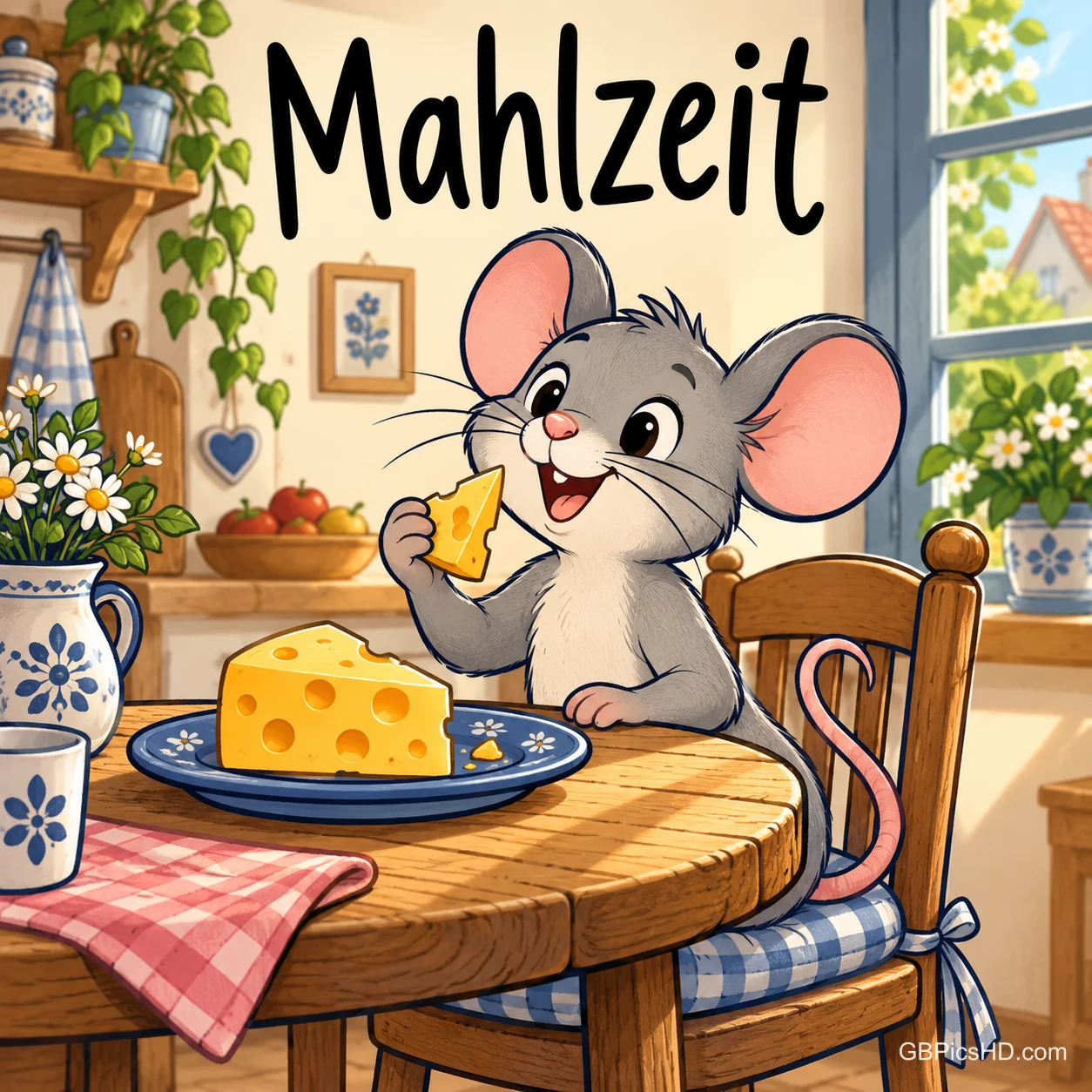 Eine fröhliche Maus sitzt in einer gemütlichen Küche am Tisch und knabbert Käse, darüber steht "Mahlzeit". Eine fröhliche Maus sitzt in einer gemütlichen Küche am Tisch und knabbert Käse, darüber steht "Mahlzeit".