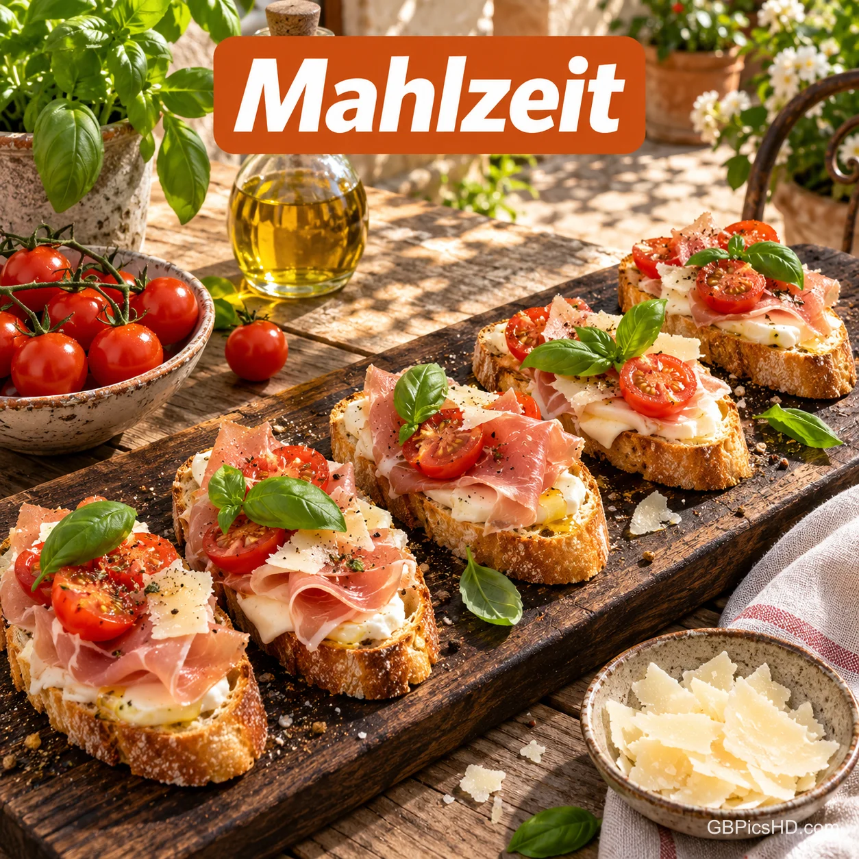 Bruschetta mit Schinken, Tomaten, Basilikum und Parmesan auf einem Holzbrett unter dem Schriftzug "Mahlzeit". Bruschetta mit Schinken, Tomaten, Basilikum und Parmesan auf einem Holzbrett unter dem Schriftzug "Mahlzeit".