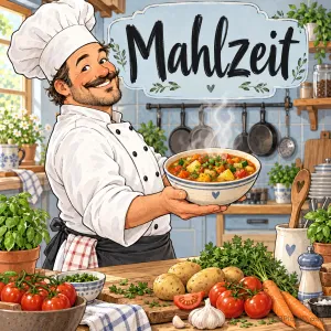 Ein lächelnder Koch serviert in seiner Küche eine dampfende Gemüsesuppe, darüber ein Schild mit "Mahlzeit".