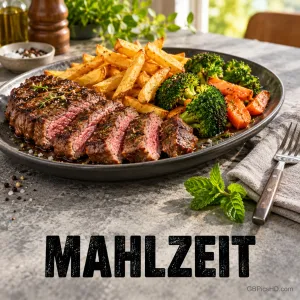 Ein Teller mit gebratenem Steak, Pommes, Brokkoli und Karotten, darunter in kräftigen Buchstaben "Mahlzeit".