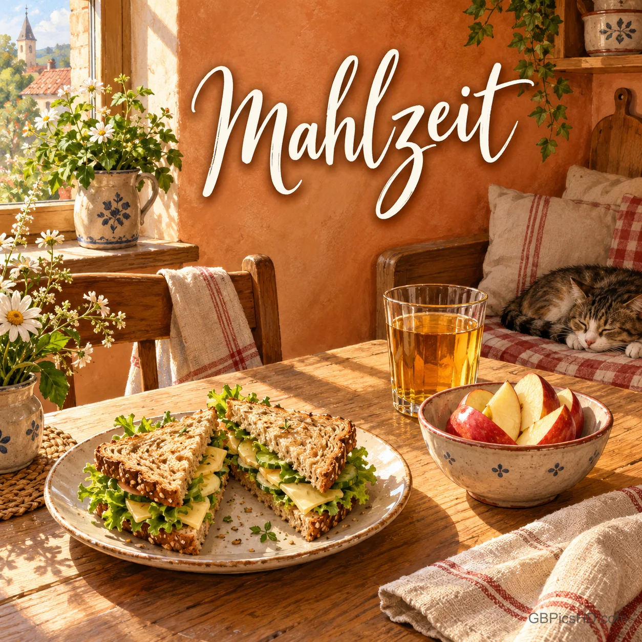 Ein sonniger Küchentisch mit Vollkornsandwich, Apfelschnitzen und Saft, darüber der Schriftzug "Mahlzeit". Ein sonniger Küchentisch mit Vollkornsandwich, Apfelschnitzen und Saft, darüber der Schriftzug "Mahlzeit".