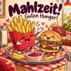 Fröhliche Pommes und ein lachender Burger winken in einem Diner und wünschen "Mahlzeit! Guten Hunger!".