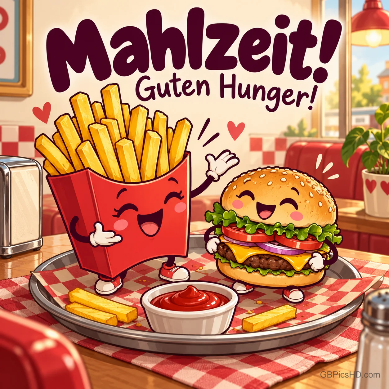 Fröhliche Pommes und ein lachender Burger winken in einem Diner und wünschen "Mahlzeit! Guten Hunger!". Fröhliche Pommes und ein lachender Burger winken in einem Diner und wünschen "Mahlzeit! Guten Hunger!".