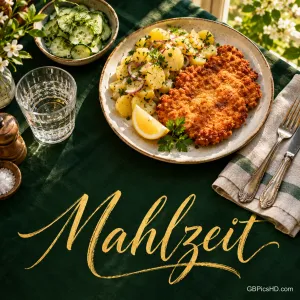 Ein Schnitzel mit Kartoffelsalat und Zitrone auf einem gedeckten Tisch zur Mittagszeit mit dem goldenen Schriftzug "Mahlzeit".