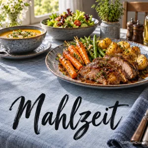 Ein Mittagstisch mit Braten, Gemüse, Kartoffeln, Suppe und Salat und dem Schriftzug "Mahlzeit".
