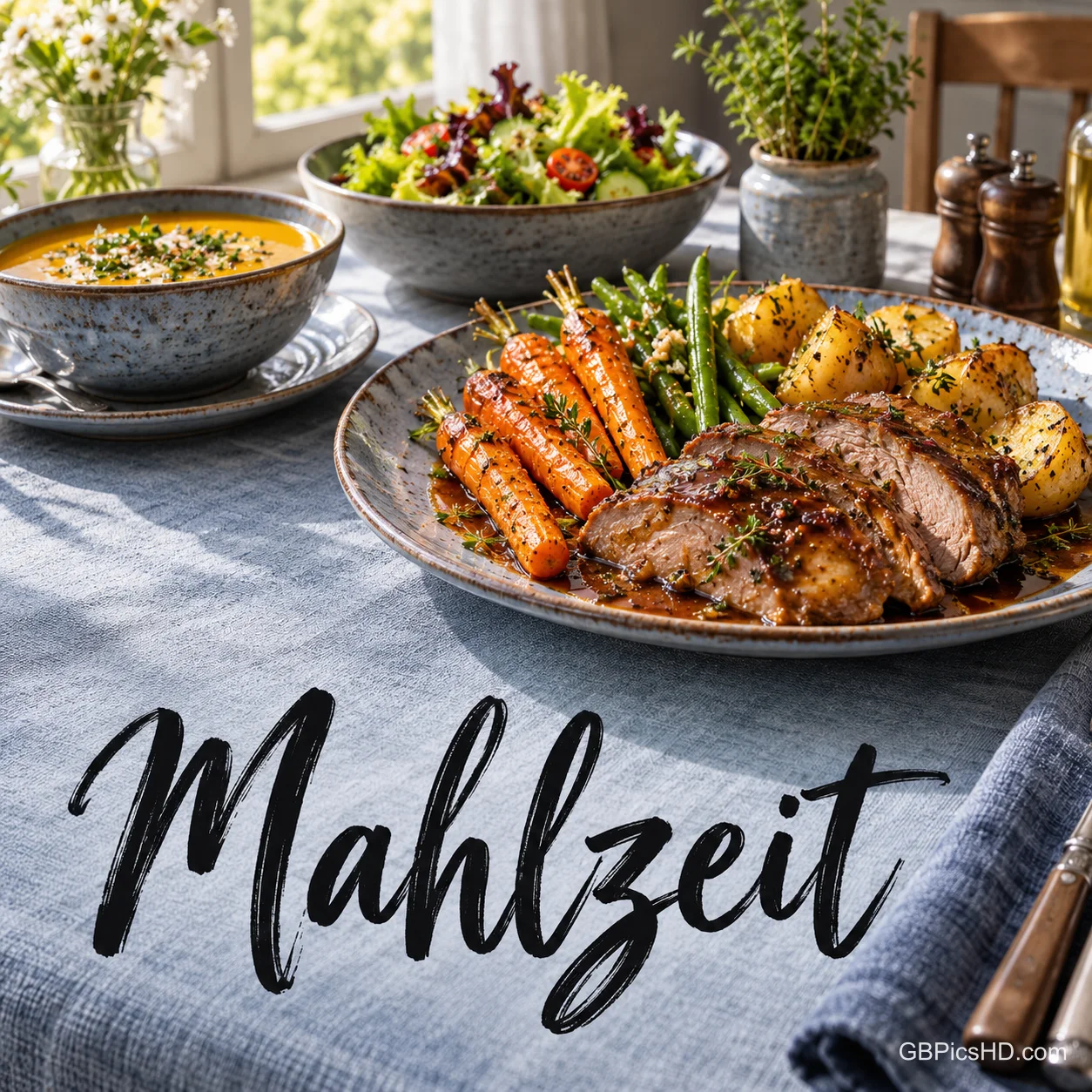 Ein Mittagstisch mit Braten, Gemüse, Kartoffeln, Suppe und Salat und dem Schriftzug "Mahlzeit". Ein Mittagstisch mit Braten, Gemüse, Kartoffeln, Suppe und Salat und dem Schriftzug "Mahlzeit".