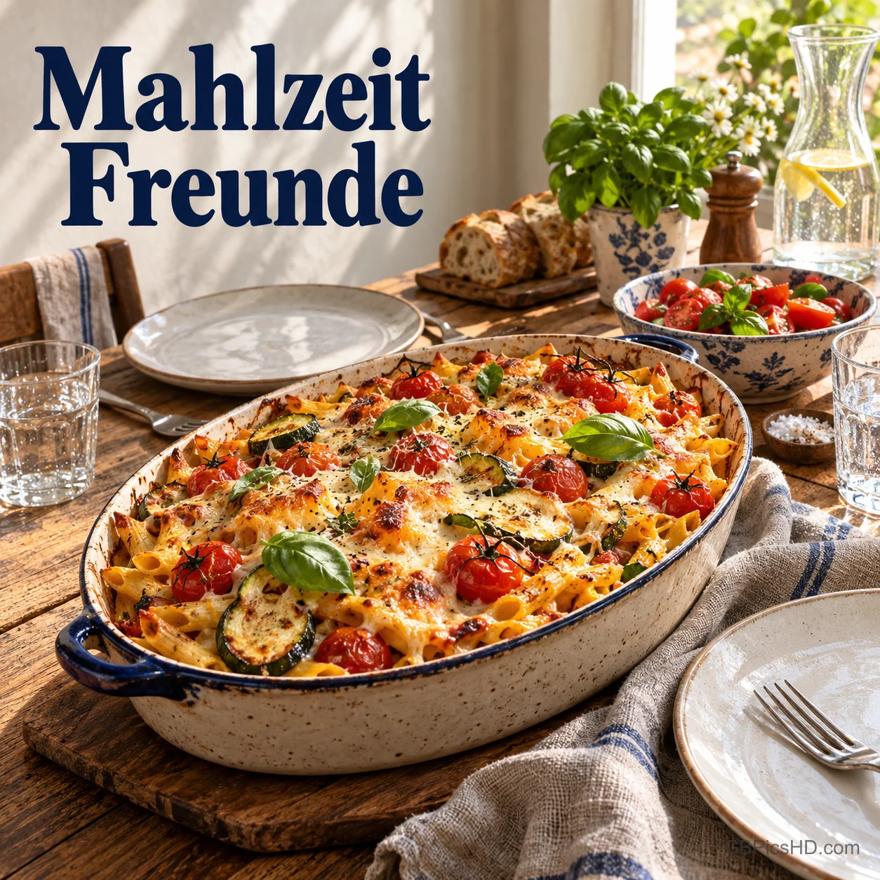 Ein großer Nudelauflauf mit Tomaten und Zucchini auf einem Holztisch zur Mittagszeit mit dem Text "Mahlzeit Freunde". Ein großer Nudelauflauf mit Tomaten und Zucchini auf einem Holztisch zur Mittagszeit mit dem Text "Mahlzeit Freunde".