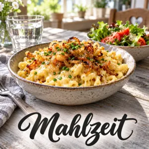 Eine Schüssel Käsespätzle mit Röstzwiebeln und ein frischer Salat auf einem Holztisch mit dem Schriftzug "Mahlzeit".