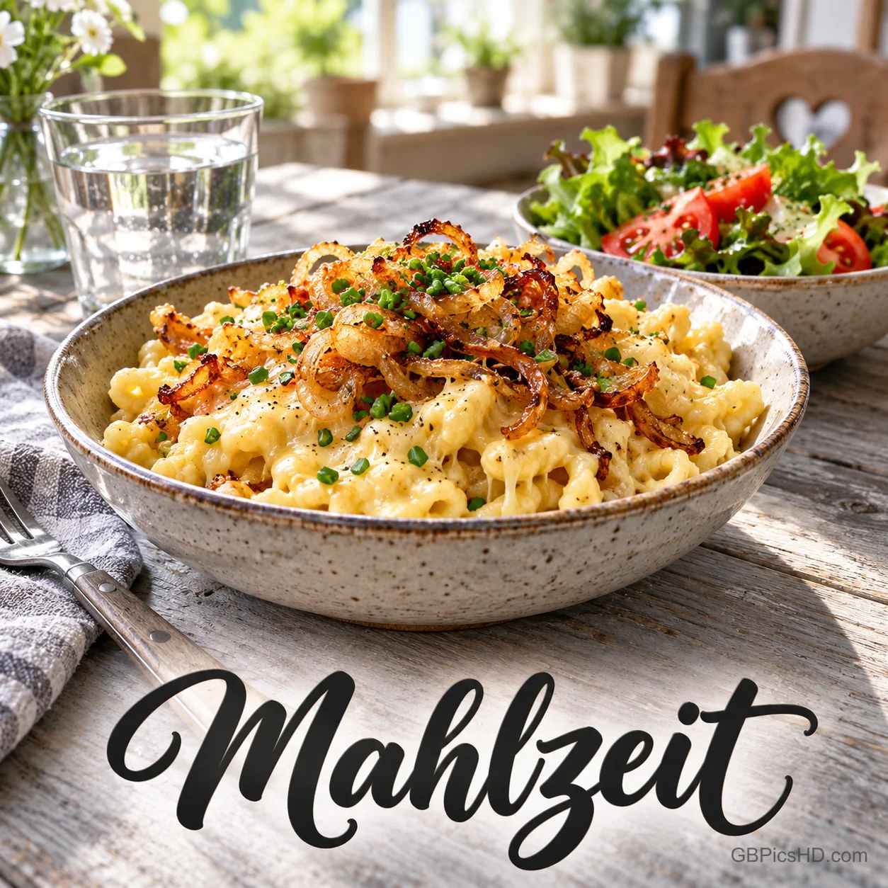Eine Schüssel Käsespätzle mit Röstzwiebeln und ein frischer Salat auf einem Holztisch mit dem Schriftzug "Mahlzeit". Eine Schüssel Käsespätzle mit Röstzwiebeln und ein frischer Salat auf einem Holztisch mit dem Schriftzug "Mahlzeit".