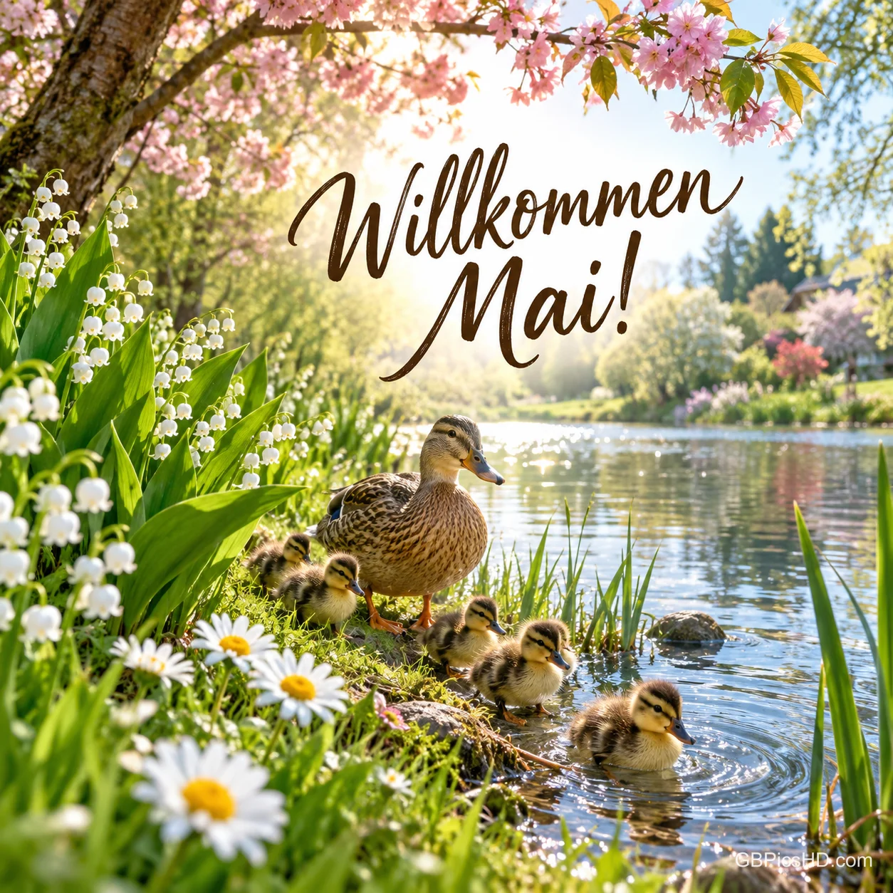 Entenmutter mit flauschigen Küken am Ufer eines Teichs zwischen Maiglöckchen, Gänseblümchen und Kirschblüten, darüber in brauner Schreibschrift Willkommen Mai.