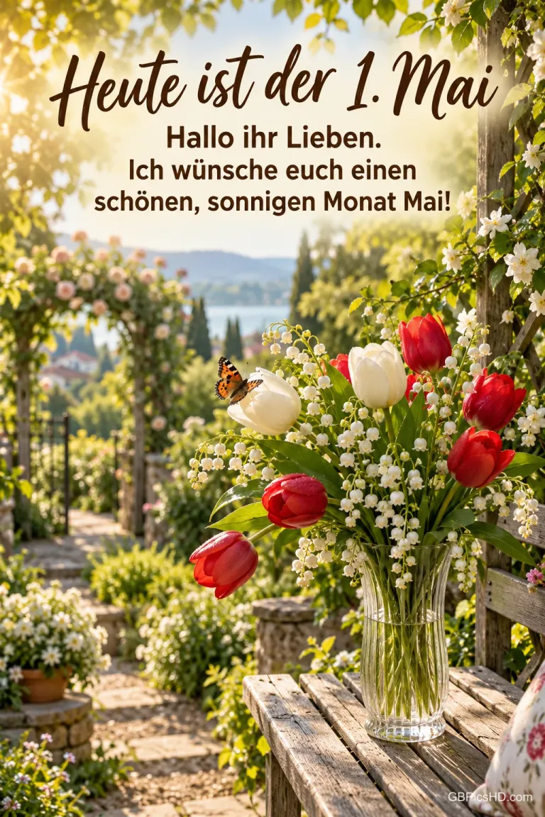 Glasvase mit roten und weißen Tulpen und Maiglöckchen auf einer Holzbank im Garten, ein Schmetterling auf einer Blüte, dazu Wünsche für einen sonnigen Mai.
