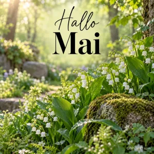 Lichtdurchfluteter Waldgarten mit Maiglöckchen, Farnen und bemoosten Steinen, oben in eleganter schwarzer Schrift der Gruß Hallo Mai.