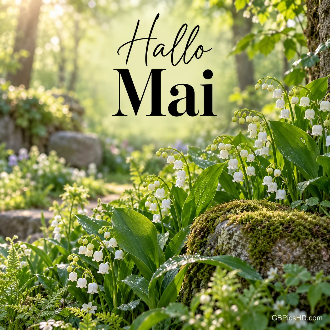 Lichtdurchfluteter Waldgarten mit Maiglöckchen, Farnen und bemoosten Steinen, oben in eleganter schwarzer Schrift der Gruß Hallo Mai. Lichtdurchfluteter Waldgarten mit Maiglöckchen, Farnen und bemoosten Steinen, oben in eleganter schwarzer Schrift der Gruß Hallo Mai.