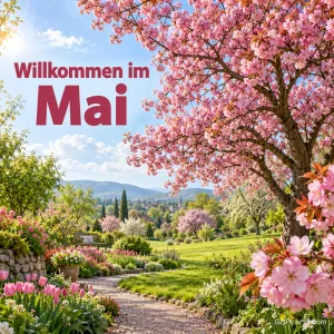 Rosa blühender Kirschbaum über einem Gartenweg mit Tulpen und grüner Wiese unter blauem Himmel, oben links in kräftigem Rosa Willkommen im Mai.