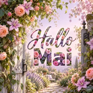 Offenes Gartentor mit Rosen und Clematis vor einem blühenden Weg mit Lavendel, in der Mitte der Schriftzug Hallo Mai aus lauter Blumen.