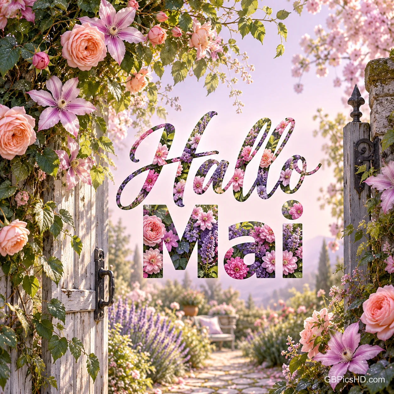 Offenes Gartentor mit Rosen und Clematis vor einem blühenden Weg mit Lavendel, in der Mitte der Schriftzug Hallo Mai aus lauter Blumen. Offenes Gartentor mit Rosen und Clematis vor einem blühenden Weg mit Lavendel, in der Mitte der Schriftzug Hallo Mai aus lauter Blumen.