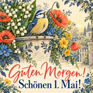 Blaumeise sitzt auf einem Blumentopf mit Maiglöckchen, Mohn und Kornblumen vor einem Gartenzaun, dazu "Guten Morgen!" und "Schönen 1. Mai!"