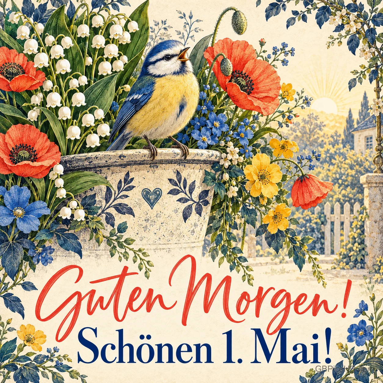 Blaumeise sitzt auf einem Blumentopf mit Maiglöckchen, Mohn und Kornblumen vor einem Gartenzaun, dazu "Guten Morgen!" und "Schönen 1. Mai!" Blaumeise sitzt auf einem Blumentopf mit Maiglöckchen, Mohn und Kornblumen vor einem Gartenzaun, dazu "Guten Morgen!" und "Schönen 1. Mai!"