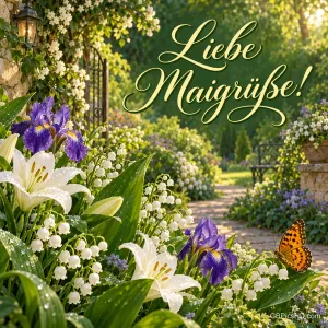 Frühlingsgarten mit Maiglöckchen, weißen Lilien, lila Iris und einem Schmetterling auf einem Gartenweg, dazu der Schriftzug "Liebe Maigrüße!"