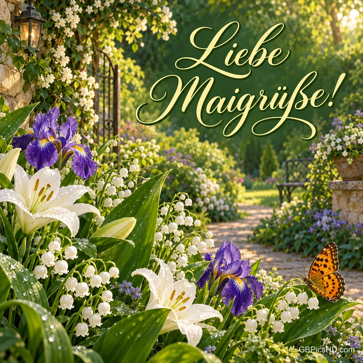 Frühlingsgarten mit Maiglöckchen, weißen Lilien, lila Iris und einem Schmetterling auf einem Gartenweg, dazu der Schriftzug "Liebe Maigrüße!" Frühlingsgarten mit Maiglöckchen, weißen Lilien, lila Iris und einem Schmetterling auf einem Gartenweg, dazu der Schriftzug "Liebe Maigrüße!"