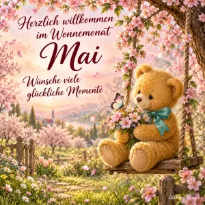 Teddybär mit Blumenstrauß und türkiser Schleife sitzt auf einer Schaukel unter Kirschblüten, dazu Willkommensgruß zum Wonnemonat Mai